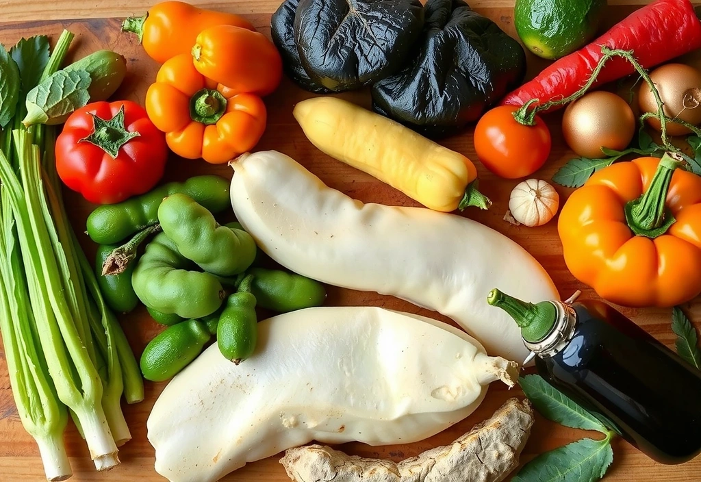 Eine Vielfalt an frischem Gemüse und Kräutern auf einem Holzbrett