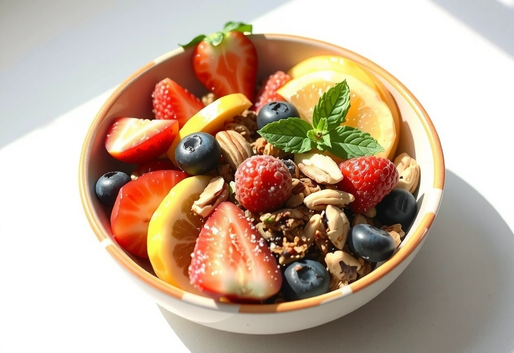 Eine lächelnde Frau, die frisches Obst und Gemüse für eine gesunde Mahlzeit zubereitet.