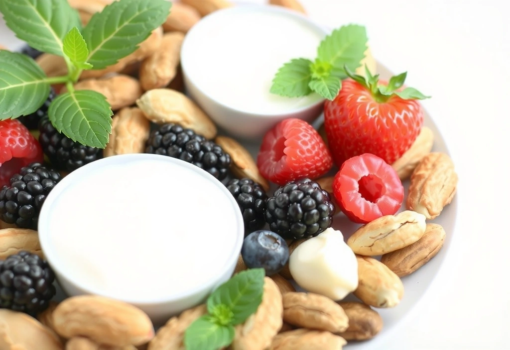 Gesunde Snacks wie Nüsse, Früchte und Joghurt