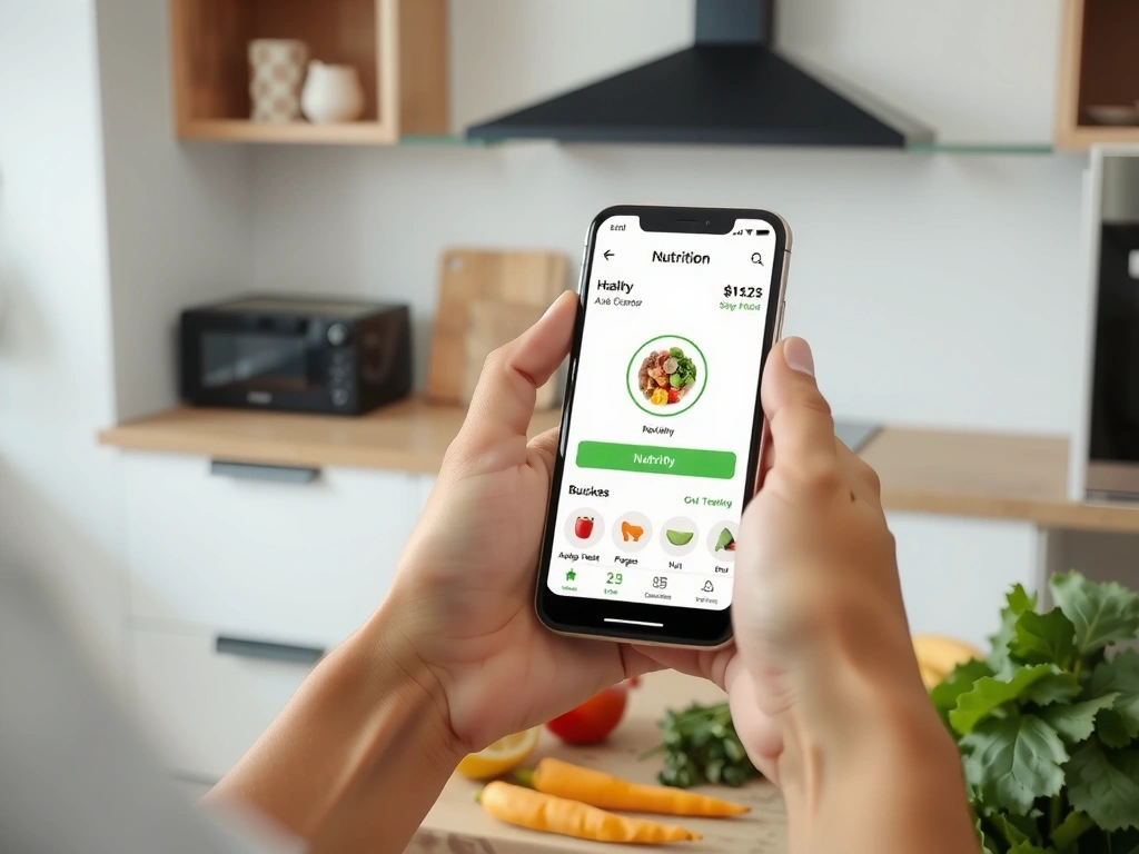 Eine Person hält ein Smartphone mit einer Ernährungs-App, während sie gesundes Essen zubereitet, symbolisiert moderne Ernährungsberatung und digitale Tools.